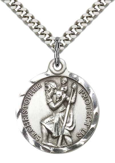 STERLING SILVER ST CHRISTOPHER PENDANT WITH CHAIN - 7/8" x 3/4"