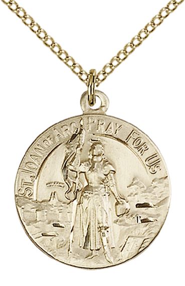 14KT GOLD FILLED ST JOAN OF ARC PENDANT WITH CHAIN - 7/8" x 3/4"