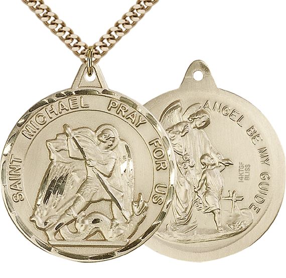 14KT GOLD FILLED ST MICHAEL-GUARDIAN ANGEL PENDANT WITH CHAIN - 1 3/8" x 1 1/4"