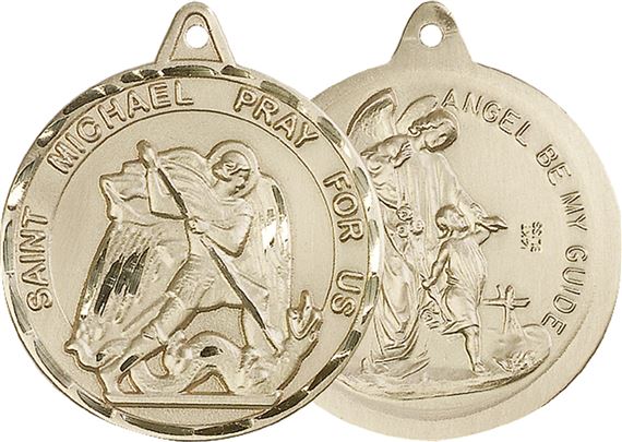 14KT GOLD ST MICHAEL-GUARDIAN ANGEL MEDAL - 1 3/8" x 1 1/4"