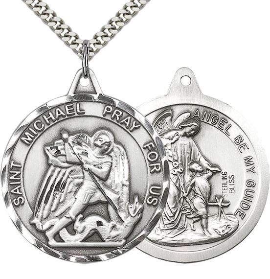 STERLING SILVER ST MICHAEL-GUARDIAN ANGEL PENDANT WITH CHAIN - 1 3/8" x 1 1/4"