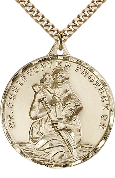 14KT GOLD FILLED ST CHRISTOPHER PENDANT WITH CHAIN - 1 3/8" x 1 1/8"