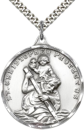STERLING SILVER ST CHRISTOPHER PENDANT WITH CHAIN - 1 3/8" x 1 1/8"