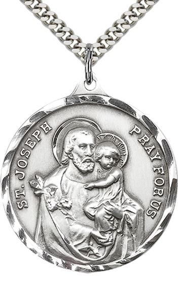 STERLING SILVER ST JOSEPH PENDANT WITH CHAIN - 1 3/8" x 1 1/8"