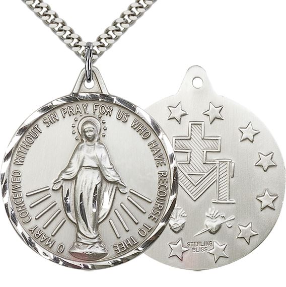 STERLING SILVER MIRACULOUS PENDANT WITH CHAIN - 1 3/8" x 1 1/4"