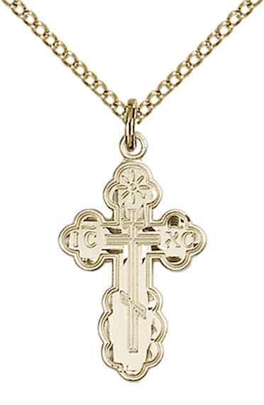 14KT GOLD FILLED ST OLGA CROSS PENDANT WITH CHAIN - 7/8" x 1/2"