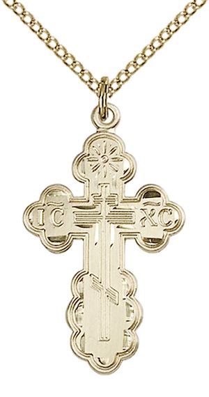 14KT GOLD FILLED ST OLGA CROSS PENDANT WITH CHAIN - 1 1/8" x 5/8"