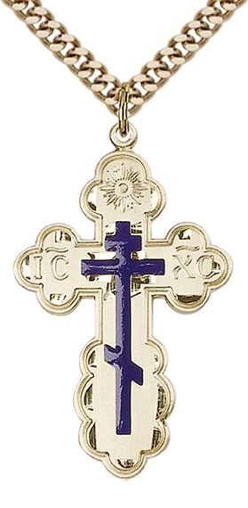 14KT GOLD FILLED ST OLGA CROSS MEDAL - ON A GOLD PLATE CHAIN - 1 3/8" x 7/8"