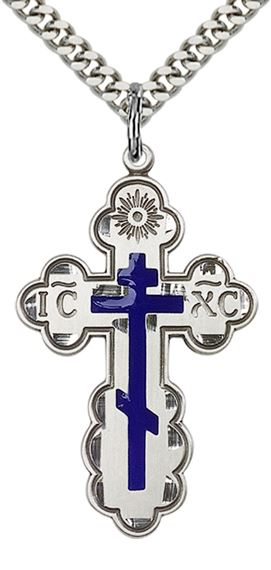 STERLING SILVER ST OLGA CROSS MEDAL - ON A LIGHT RHODIUM CHAIN - 1 3/8" x 7/8"
