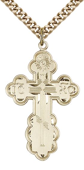 14KT GOLD FILLED ST OLGA CROSS PENDANT WITH CHAIN - 1 3/8" x 7/8"