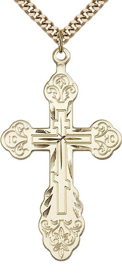 14KT GOLD FILLED VLADIMIR CROSS PENDANT WITH CHAIN - 1 7/8" x 1"