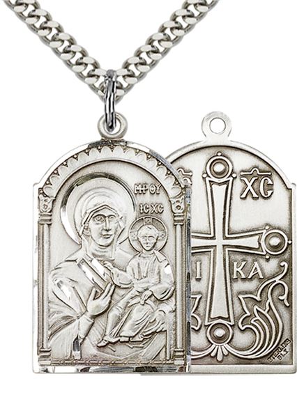 STERLING SILVER MOTHER OF GOD PENDANT WITH CHAIN - 1 1/8" x 5/8"