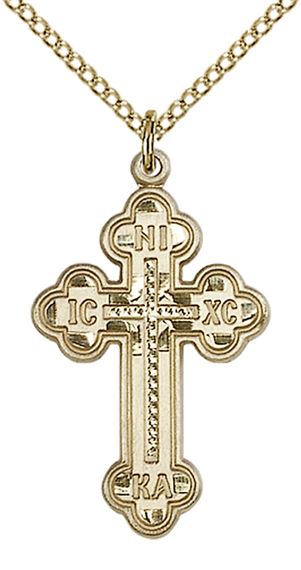 14KT GOLD FILLED RUSSIAN CROSS PENDANT WITH CHAIN - 1 1/8" x 5/8"