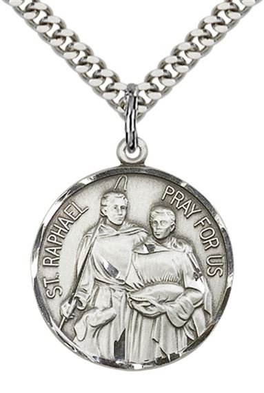 STERLING SILVER ST RAPHAEL PENDANT WITH CHAIN - 7/8" x 3/4"
