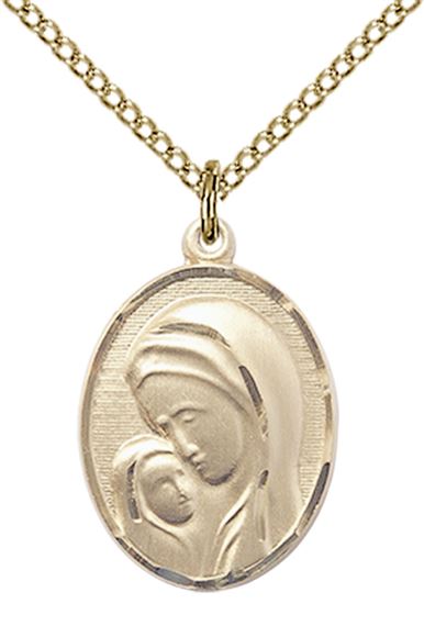 14KT GOLD FILLED MADONNA & CHILD PENDANT WITH CHAIN - 3/4" x 1/2"