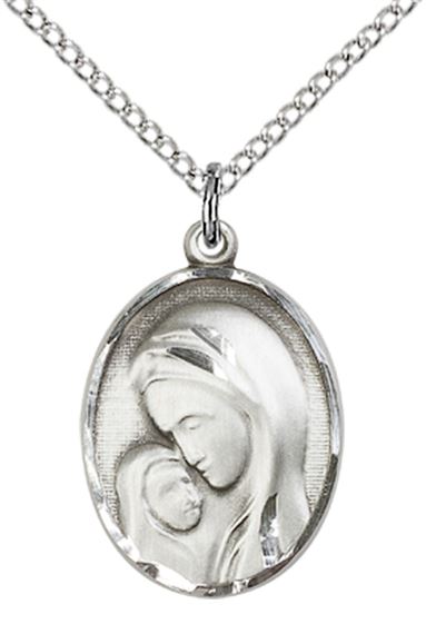 STERLING SILVER MADONNA & CHILD PENDANT WITH CHAIN - 3/4" x 1/2"