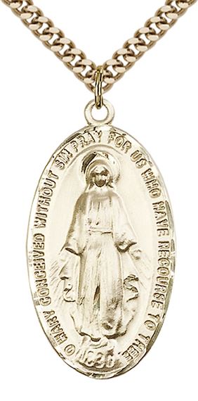 14KT GOLD FILLED MIRACULOUS PENDANT WITH CHAIN - 1 3/8" x 3/4"