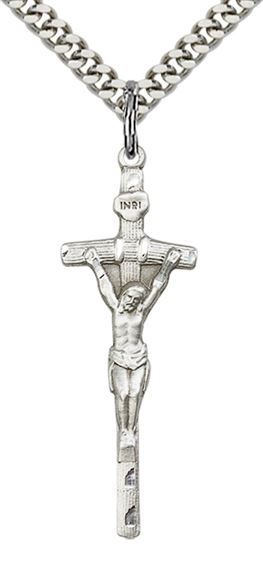 STERLING SILVER PAPAL CRUCIFIX PENDANT WITH CHAIN - 1 3/8" x 1/2"