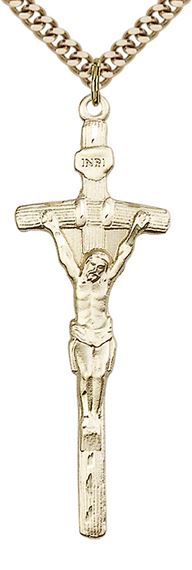 14KT GOLD FILLED PAPAL CRUCIFIX PENDANT WITH CHAIN - 2" x 5/8"
