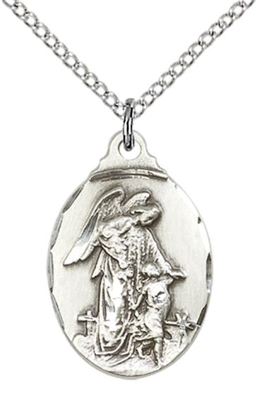 STERLING SILVER GUARDIAN ANGEL PENDANT WITH CHAIN - 7/8" x 1/2"