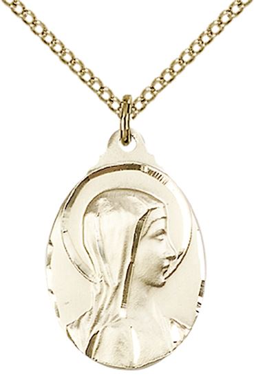 14KT GOLD FILLED SORROWFUL MOTHER PENDANT WITH CHAIN - 7/8" x 1/2"