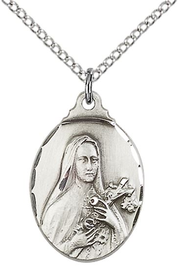 STERLING SILVER ST THERESA PENDANT WITH CHAIN - 7/8" x 1/2"