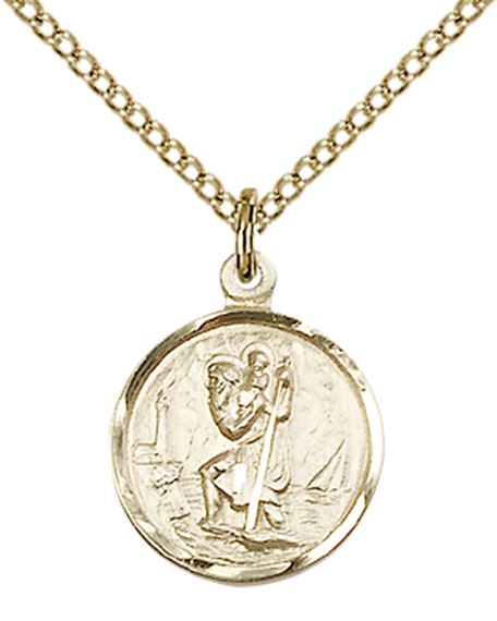 14KT GOLD FILLED ST CHRISTOPHER PENDANT WITH CHAIN - 5/8" x 1/2"