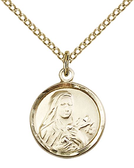 14KT GOLD FILLED ST THERESA PENDANT WITH CHAIN - 5/8" x 1/2"