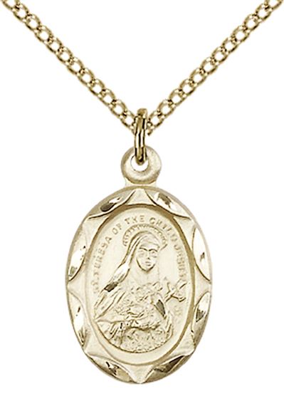 14KT GOLD FILLED ST THERESA PENDANT WITH CHAIN - 3/4" x 3/8"
