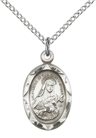 STERLING SILVER ST THERESA PENDANT WITH CHAIN - 3/4" x 3/8"