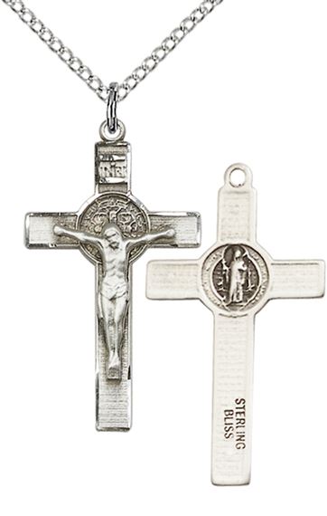 STERLING SILVER ST BENEDICT CRUCIFIX PENDANT WITH CHAIN - 1 1/8" x 5/8"