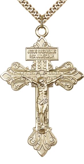 14KT GOLD FILLED PARDON CRUCIFIX WITH CHAIN - 2 1/8" x 1 3/8"