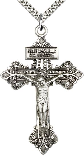 STERLING SILVER PARDON CRUCIFIX  WITH CHAIN - 2 1/8" x 1 3/8"