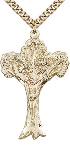 14KT GOLD FILLED TREE OF LIFE CRUCIFIX PENDANT WITH CHAIN - 1 5/8" x 1"
