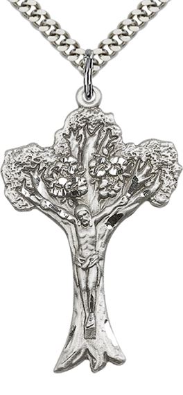 STERLING SILVER TREE OF LIFE CRUCIFIX PENDANT WITH CHAIN - 1 5/8" x 1"