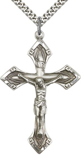 STERLING SILVER CRUCIFIX PENDANT WITH CHAIN - 1 7/8" x 1 1/8"