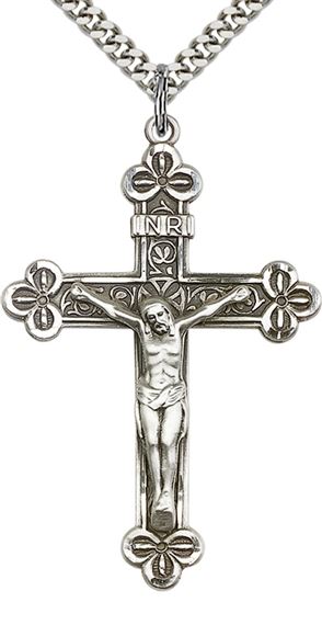 STERLING SILVER CRUCIFIX PENDANT WITH CHAIN - 1 7/8" x 1 1/4"