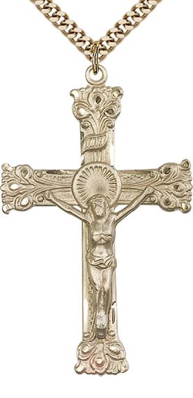 14KT GOLD FILLED CRUCIFIX PENDANT WITH CHAIN - 2" x 1 1/4"