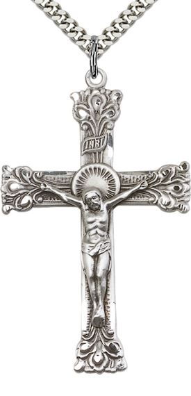 STERLING SILVER CRUCIFIX PENDANT WITH CHAIN - 2" x 1 1/4"