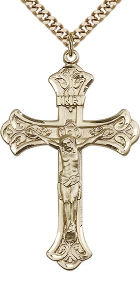 14KT GOLD FILLED CRUCIFIX PENDANT WITH CHAIN - 1 7/8" x 1 1/8"