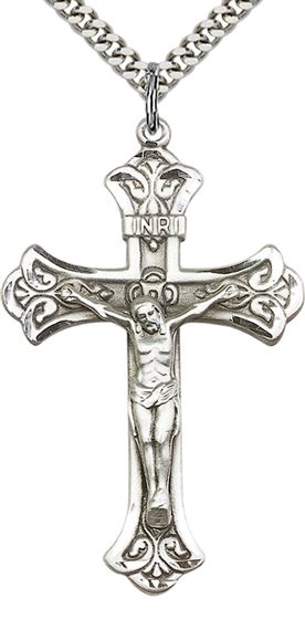 STERLING SILVER CRUCIFIX PENDANT WITH CHAIN - 1 7/8" x 1 1/8"
