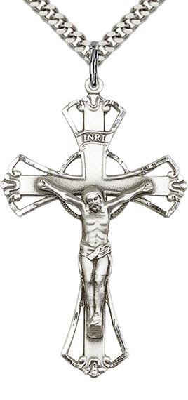 STERLING SILVER CRUCIFIX PENDANT WITH CHAIN - 1 3/4" x 1 1/8"