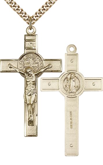 14KT GOLD FILLED ST BENEDICT CRUCIFIX PENDANT WITH CHAIN - 1 3/4" x 1"