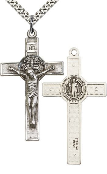 STERLING SILVER ST BENEDICT CRUCIFIX PENDANT WITH CHAIN - 1 3/4" x 1"