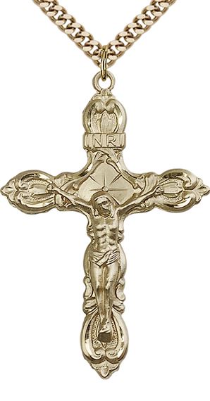 14KT GOLD FILLED CRUCIFIX PENDANT WITH CHAIN - 1 3/4" x 1 1/4"