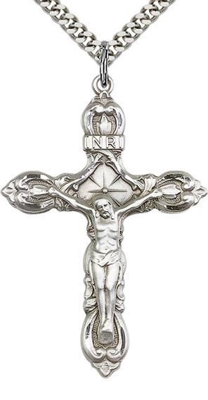 STERLING SILVER CRUCIFIX PENDANT WITH CHAIN - 1 3/4" x 1 1/4"