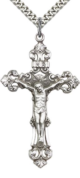 STERLING SILVER CRUCIFIX PENDANT WITH CHAIN - 1 7/8" x 1 1/8"
