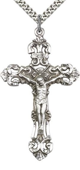 STERLING SILVER CRUCIFIX PENDANT WITH CHAIN - 2" x 1 1/4"