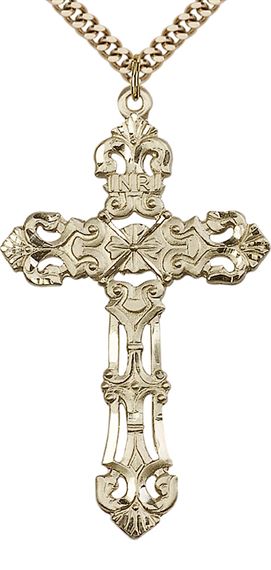 14KT GOLD FILLED CROSS PENDANT WITH CHAIN - 2" x 1 1/4"