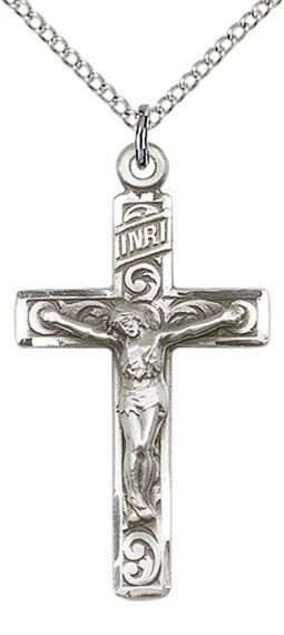 STERLING SILVER CRUCIFIX PENDANT WITH CHAIN - 1 1/4" x 3/4"